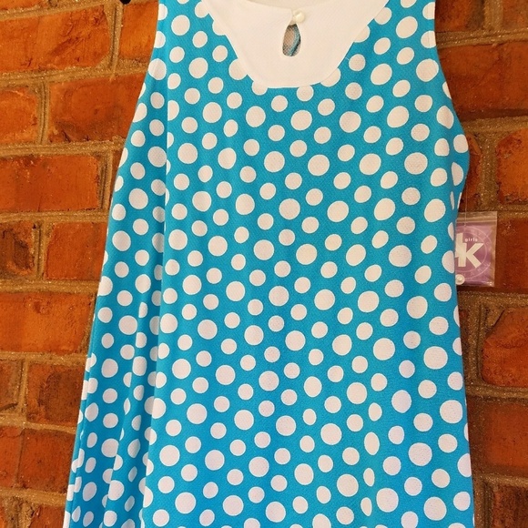J Khaki Sheath Dress Kids Girls Medium Aqua White Polka Dot - Picture 1 of 4